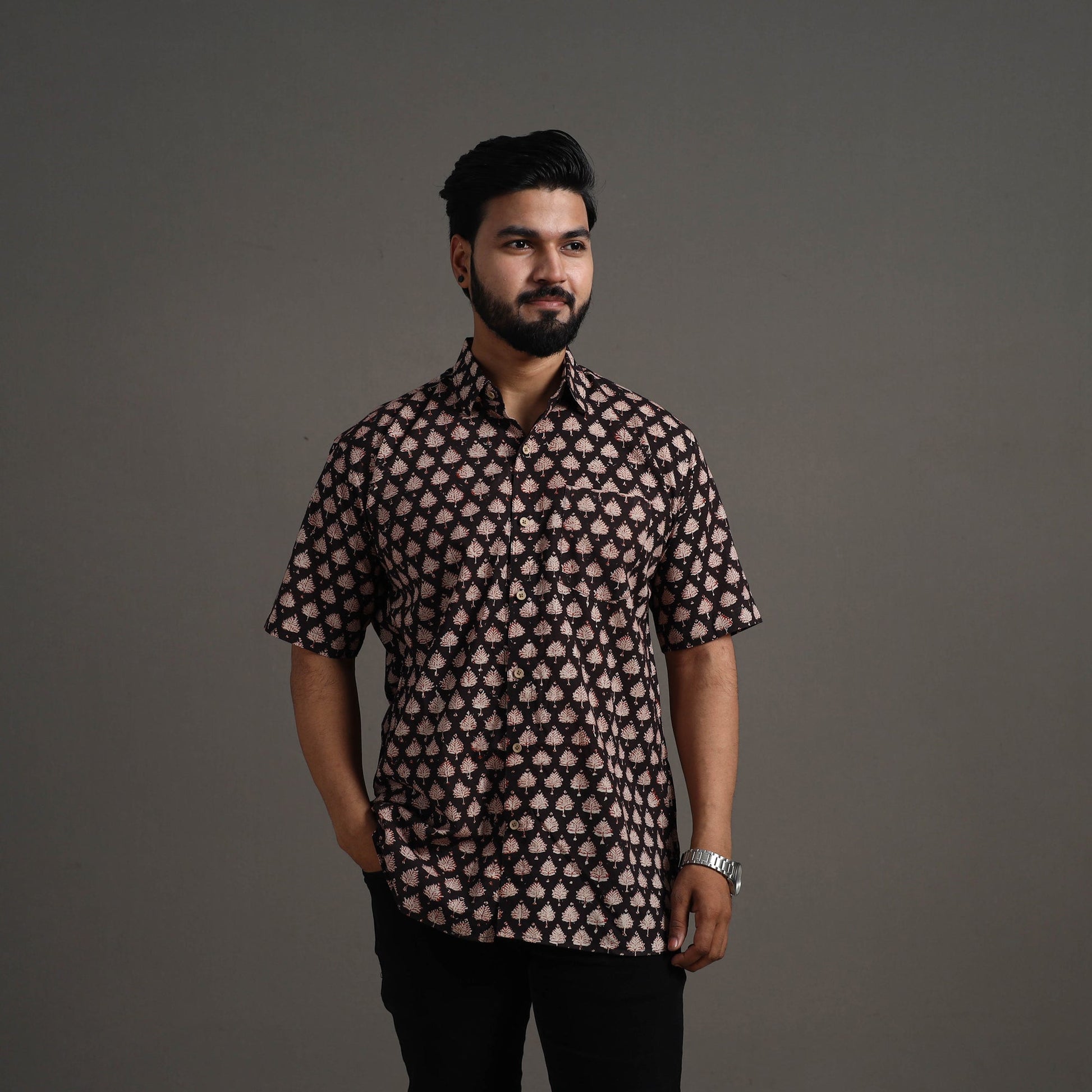 Black - Bagru Block Printed Cotton Men Half Sleeve Shirt 08