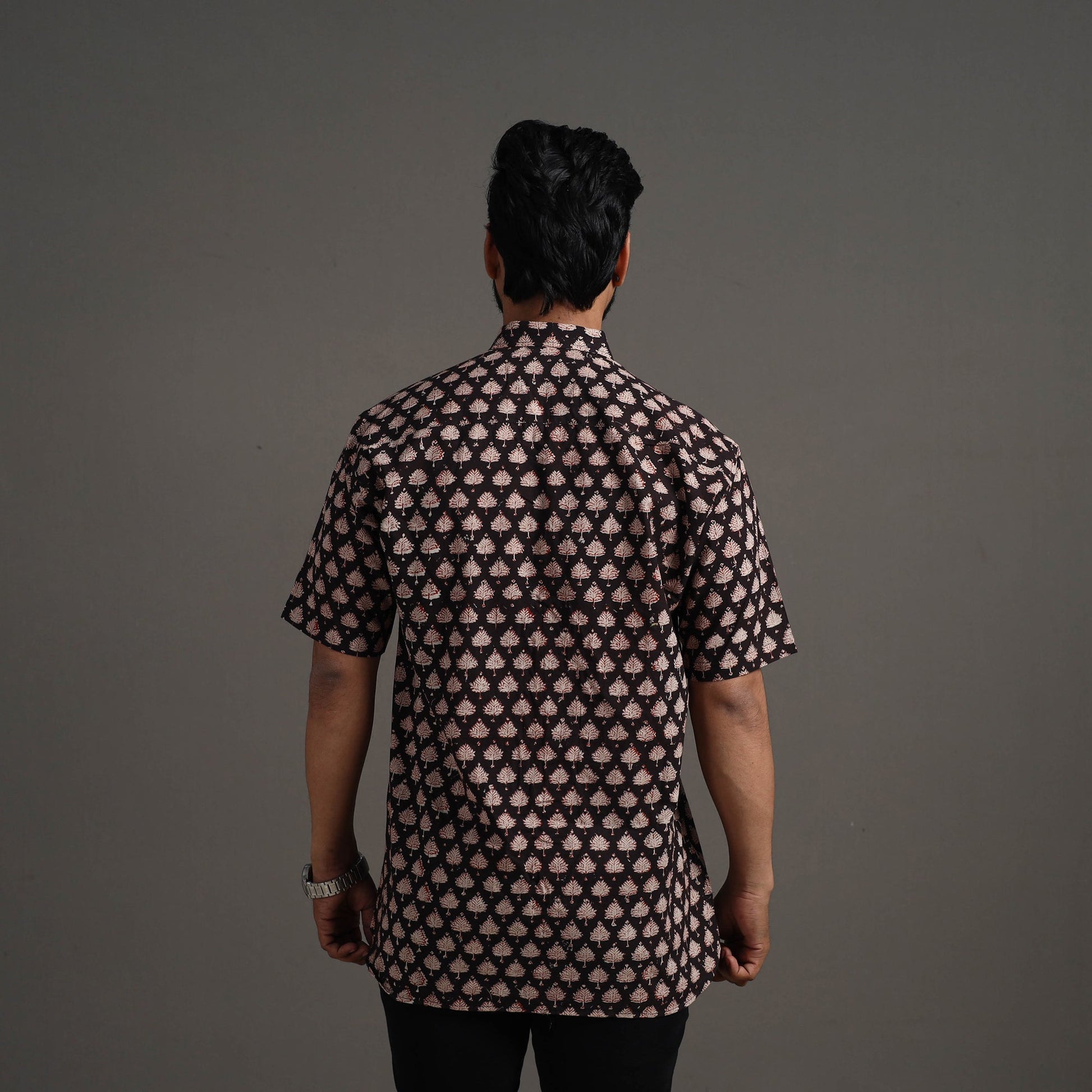 Black - Bagru Block Printed Cotton Men Half Sleeve Shirt 08