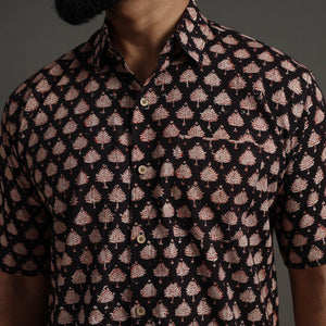Black - Bagru Block Printed Cotton Men Half Sleeve Shirt 08