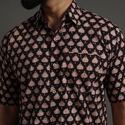 Black - Bagru Block Printed Cotton Men Half Sleeve Shirt 08