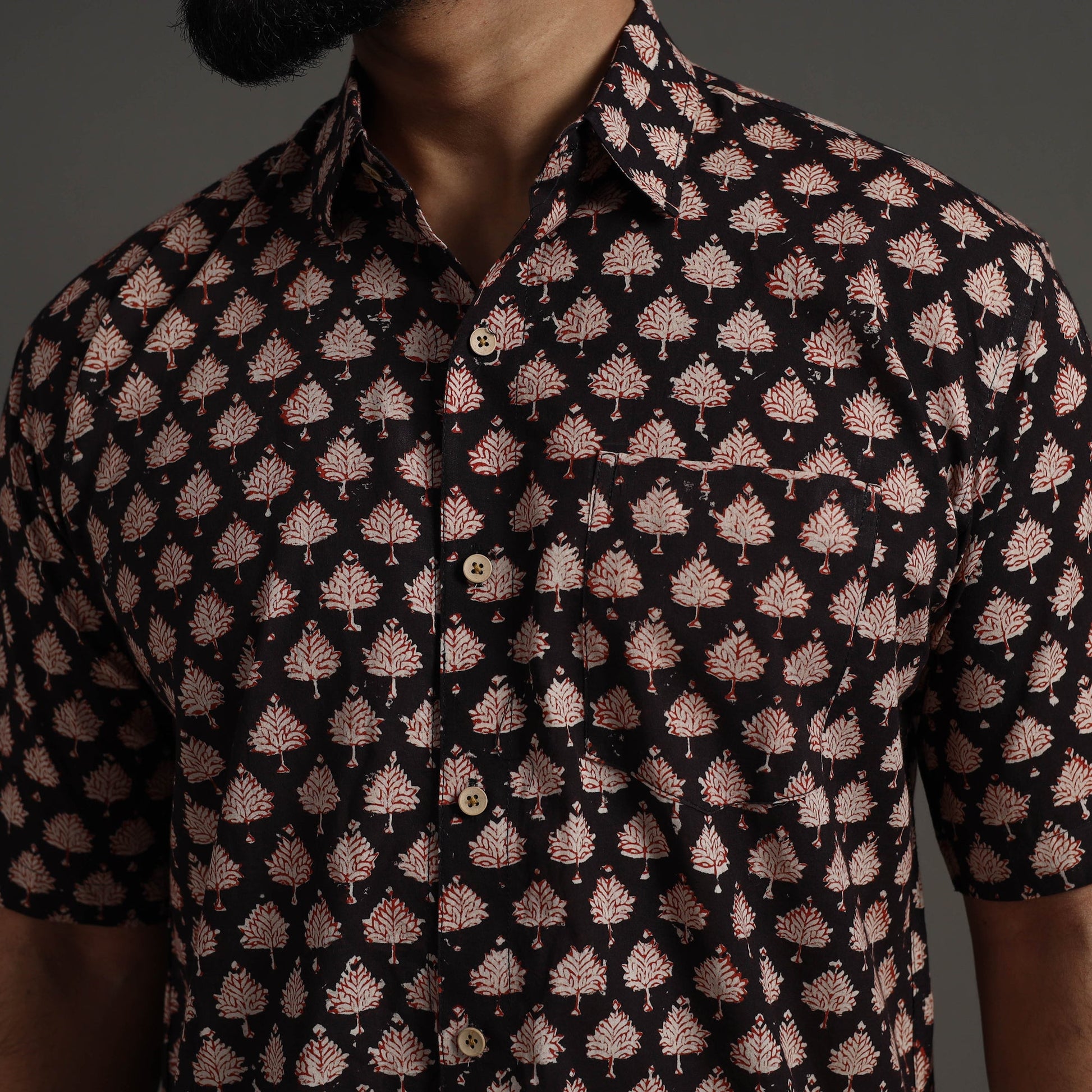 Black - Bagru Block Printed Cotton Men Half Sleeve Shirt 08