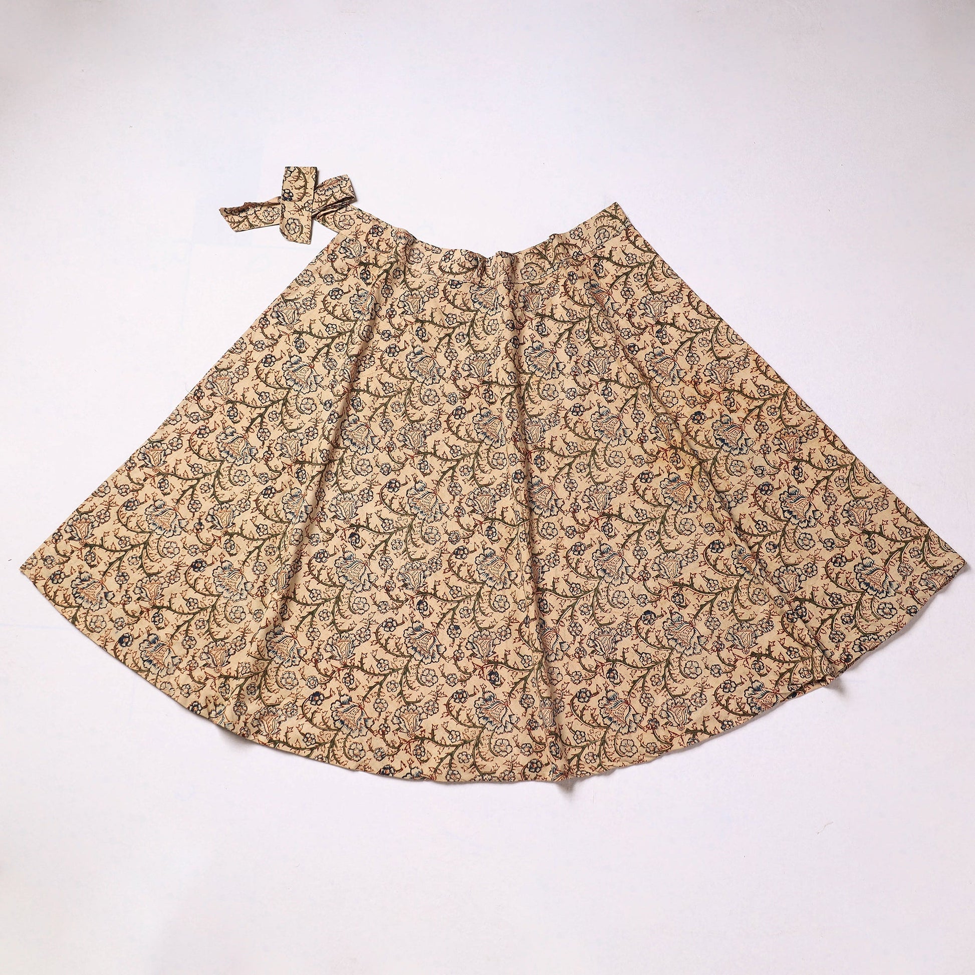 Beige - Kalamkari Block Printed Cotton Wrap Around Skirt