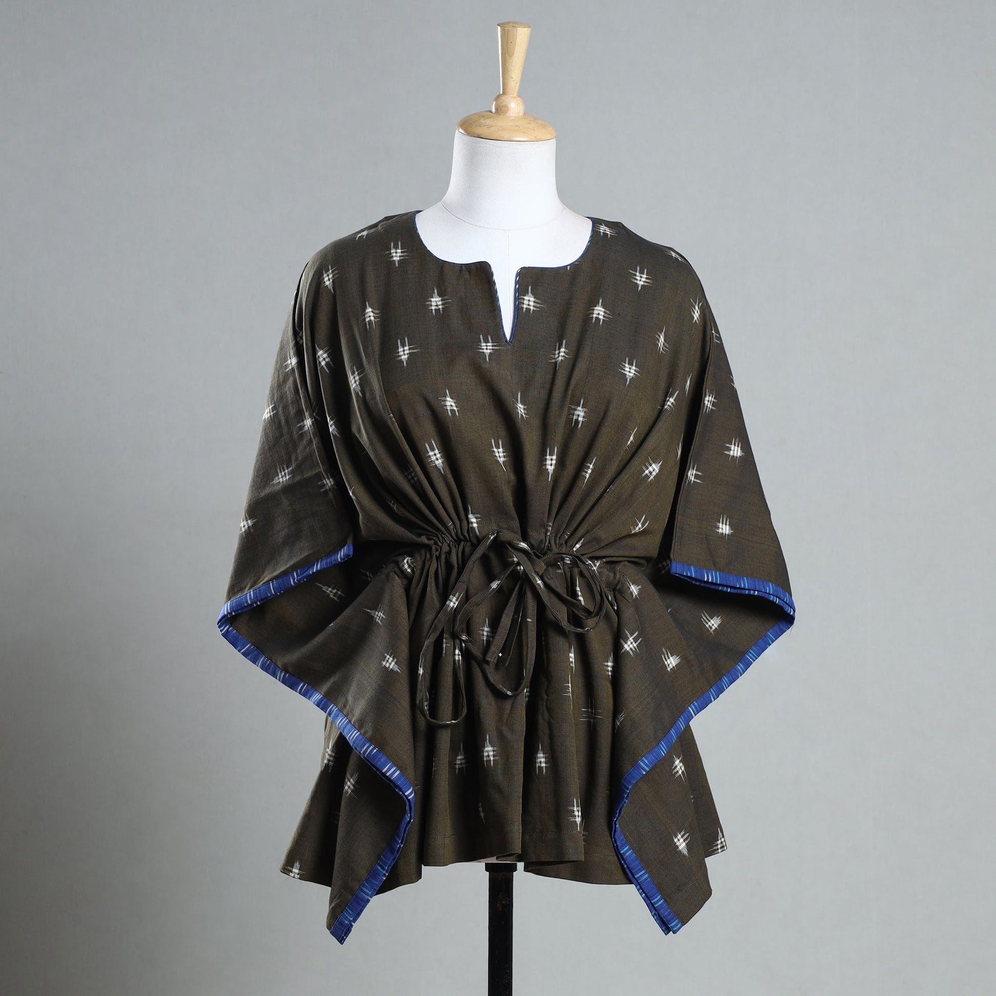 Brown - Ikat Weave Cotton Kaftan with Tie-Up Waist (Short)
