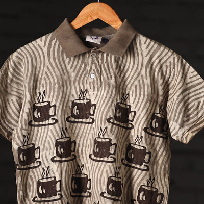 Brown - Bindaas Natural Dyed Art Block Print Unisex Polo Collar T-shirt in Cotton