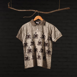 Brown - Bindaas Natural Dyed Art Block Print Unisex Polo Collar T-shirt in Cotton