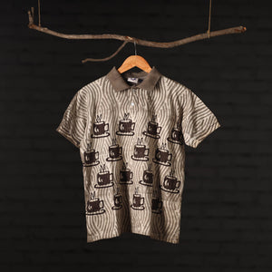 Brown - Bindaas Natural Dyed Art Block Print Unisex Polo Collar T-shirt in Cotton