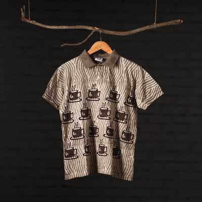 Brown - Bindaas Natural Dyed Art Block Print Unisex Polo Collar T-shirt in Cotton