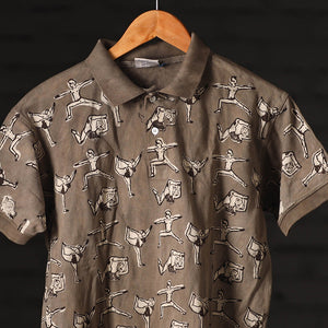 Brown - Bindaas Natural Dyed Art Block Print Polo Collar T-shirt in Cotton