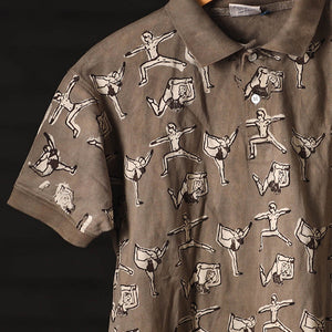 Brown - Bindaas Natural Dyed Art Block Print Polo Collar T-shirt in Cotton