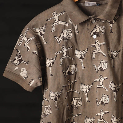 Brown - Bindaas Natural Dyed Art Block Print Polo Collar T-shirt in Cotton