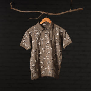 Brown - Bindaas Natural Dyed Art Block Print Polo Collar T-shirt in Cotton