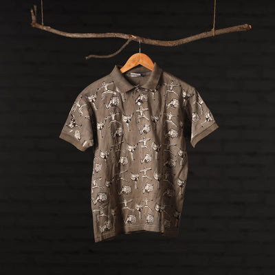 Brown - Bindaas Natural Dyed Art Block Print Polo Collar T-shirt in Cotton