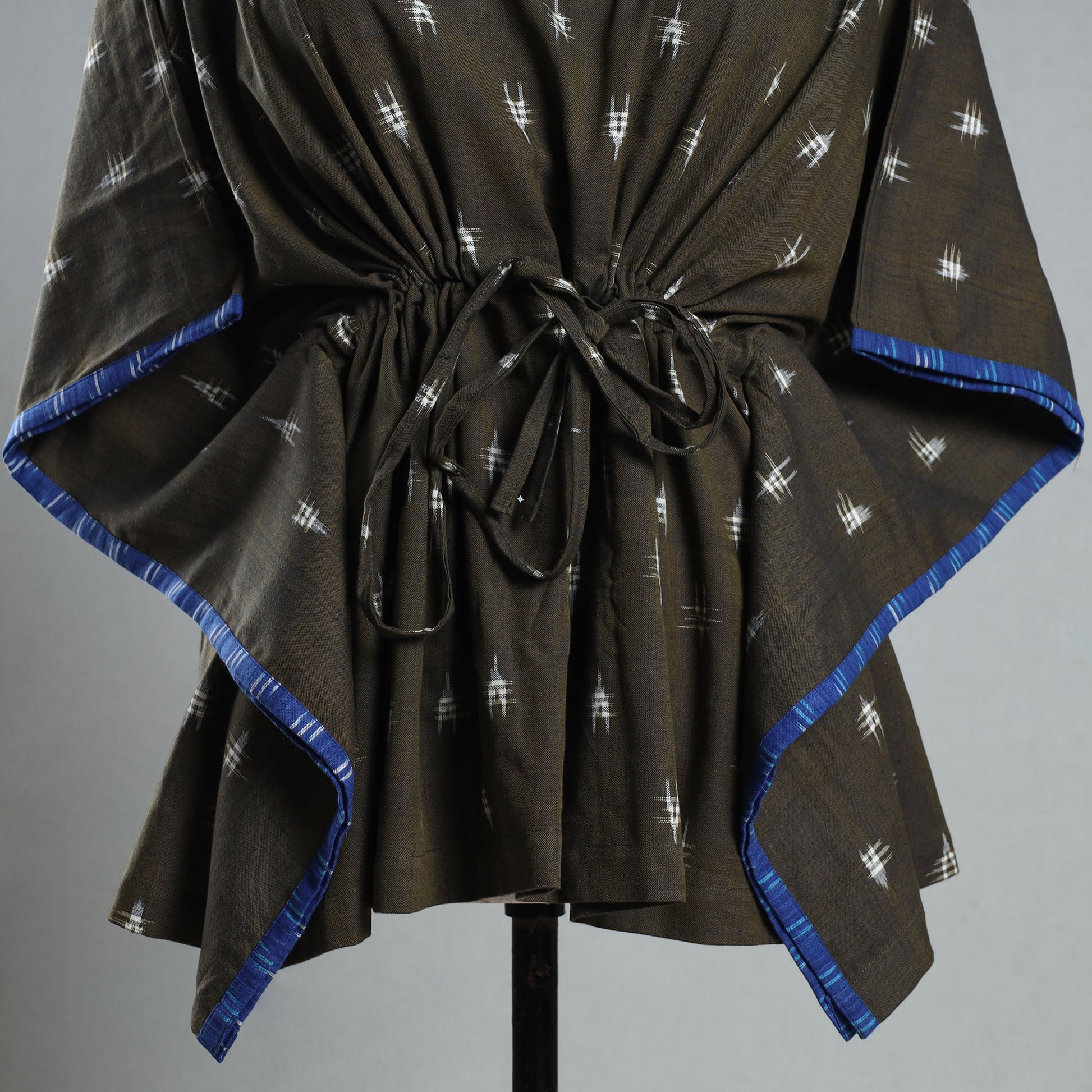 Brown - Ikat Weave Cotton Kaftan with Tie-Up Waist (Short)