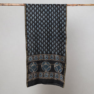 Black - Pipad Block Printed Chanderi Silk Handloom Stole