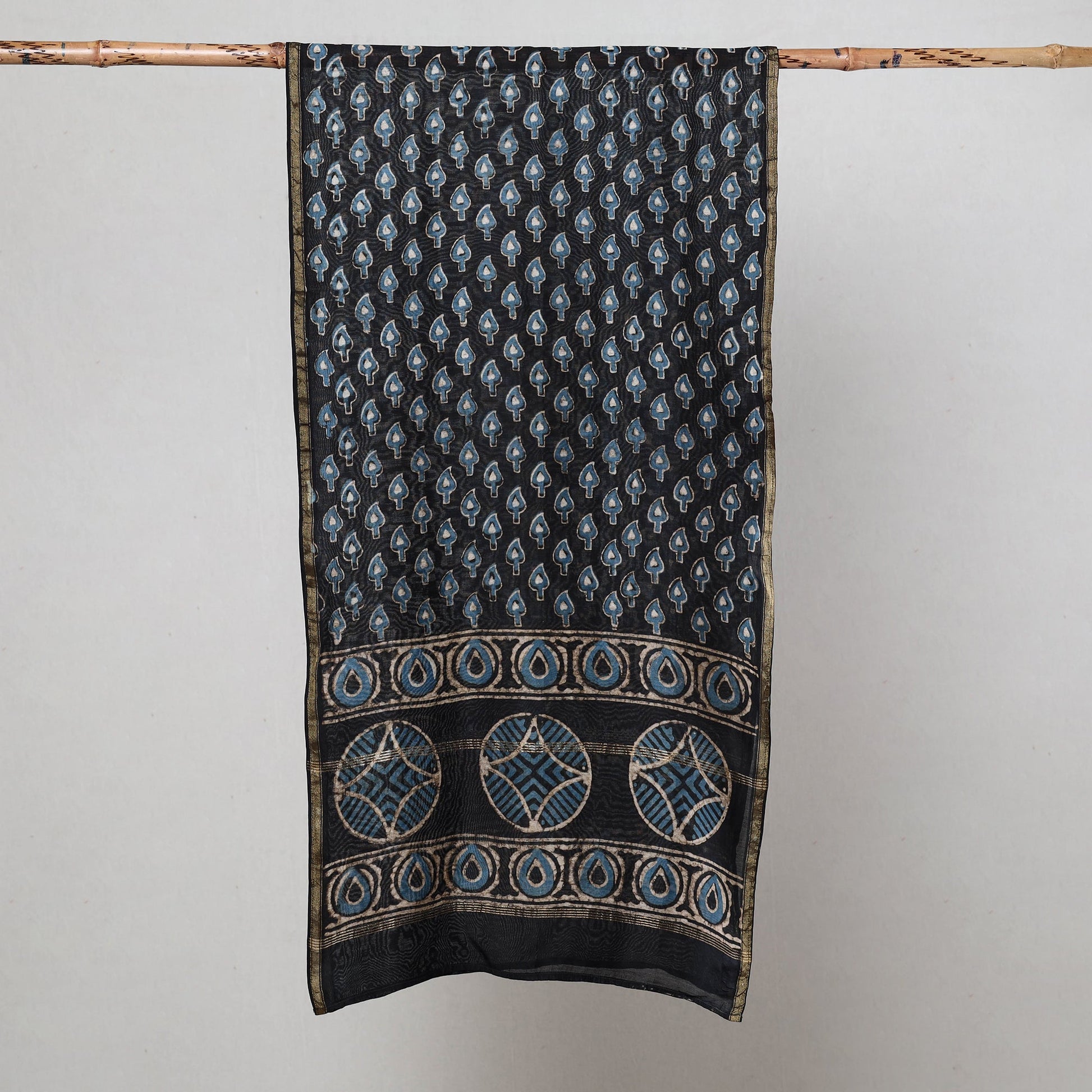 Black - Pipad Block Printed Chanderi Silk Handloom Stole