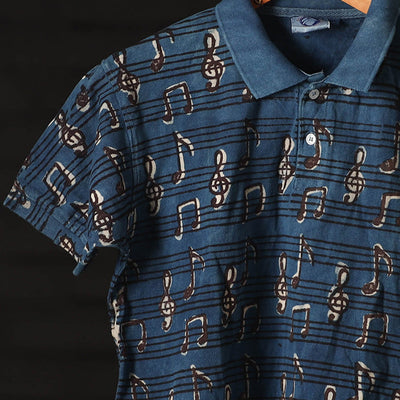 Blue - Bindaas Natural Dyed Art Block Print Polo Collar T-shirt in Cotton
