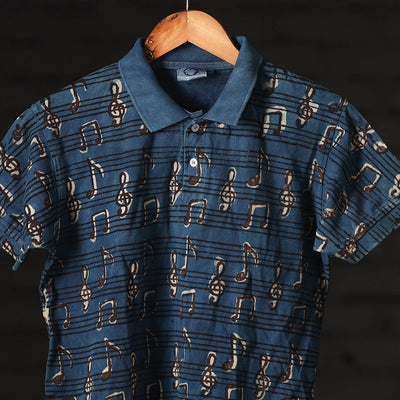Blue - Bindaas Natural Dyed Art Block Print Polo Collar T-shirt in Cotton