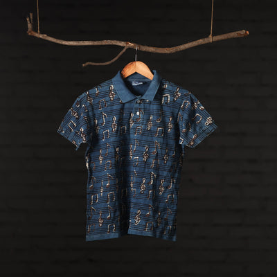 Blue - Bindaas Natural Dyed Art Block Print Polo Collar T-shirt in Cotton