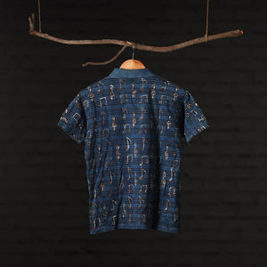 Blue - Bindaas Natural Dyed Art Block Print Polo Collar T-shirt in Cotton