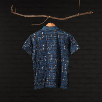 Blue - Bindaas Natural Dyed Art Block Print Polo Collar T-shirt in Cotton