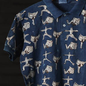 Blue - Bindaas Natural Dyed Art Block Print Polo Collar T-shirt in Cotton