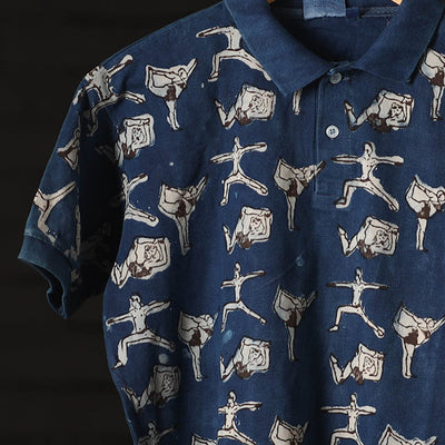 Blue - Bindaas Natural Dyed Art Block Print Polo Collar T-shirt in Cotton