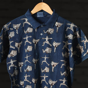 Blue - Bindaas Natural Dyed Art Block Print Polo Collar T-shirt in Cotton
