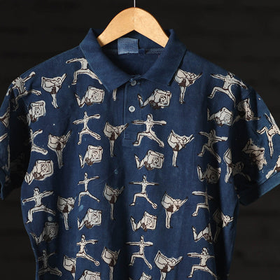Blue - Bindaas Natural Dyed Art Block Print Polo Collar T-shirt in Cotton