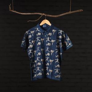 Blue - Bindaas Natural Dyed Art Block Print Polo Collar T-shirt in Cotton