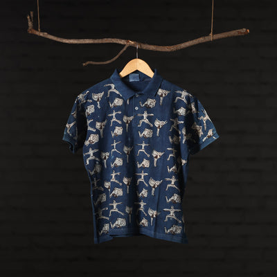 Blue - Bindaas Natural Dyed Art Block Print Polo Collar T-shirt in Cotton
