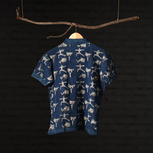 Blue - Bindaas Natural Dyed Art Block Print Polo Collar T-shirt in Cotton