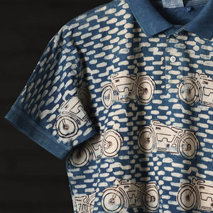 Blue - Bindaas Natural Dyed Art Block Print Polo Collar T-shirt in Cotton