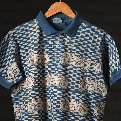 Blue - Bindaas Natural Dyed Art Block Print Polo Collar T-shirt in Cotton
