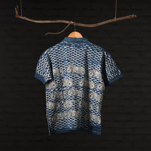 Blue - Bindaas Natural Dyed Art Block Print Polo Collar T-shirt in Cotton