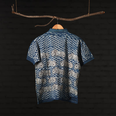Blue - Bindaas Natural Dyed Art Block Print Polo Collar T-shirt in Cotton