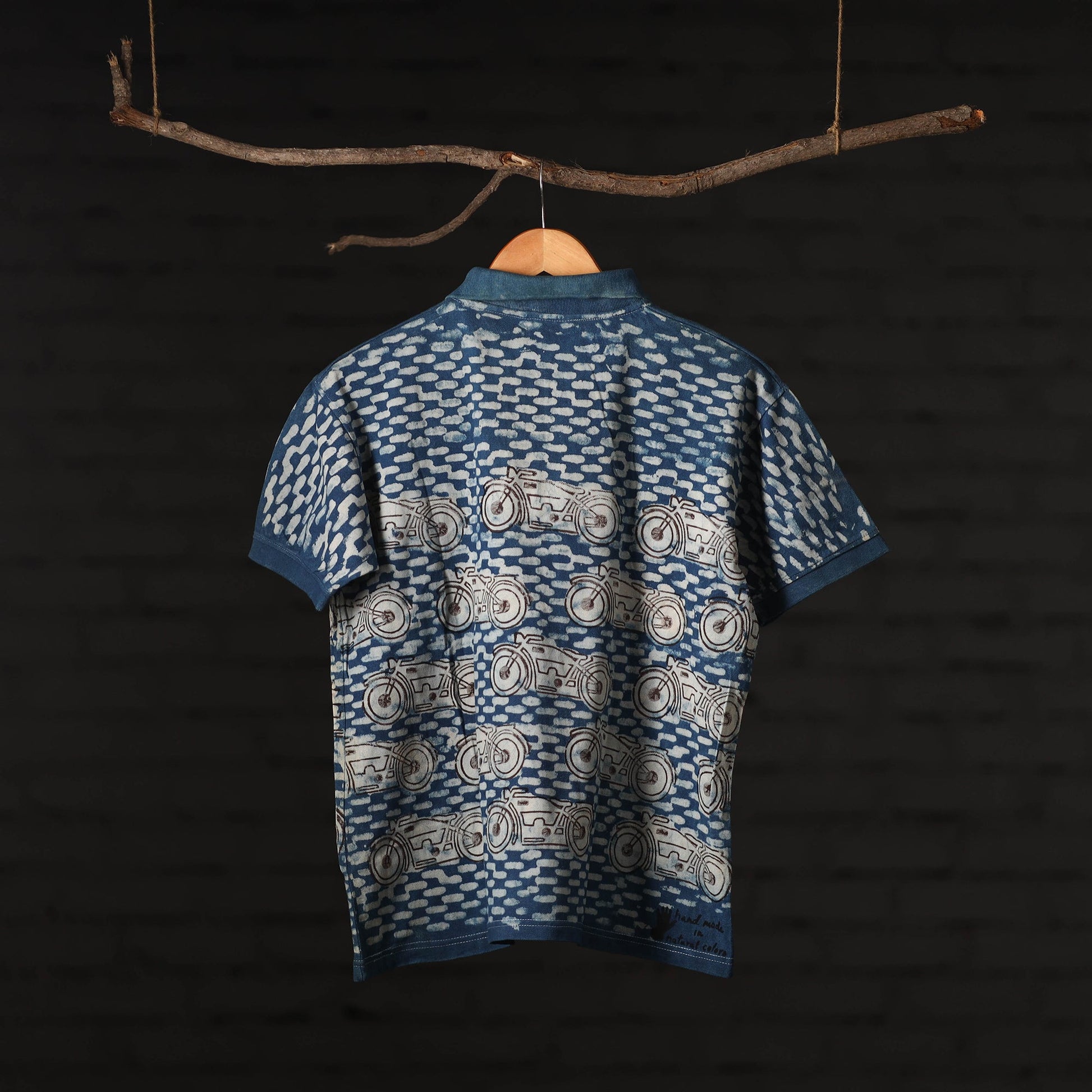 Blue - Bindaas Natural Dyed Art Block Print Polo Collar T-shirt in Cotton