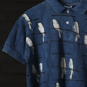 Blue - Bindaas Natural Dyed Art Block Print Polo Collar T-shirt in Cotton