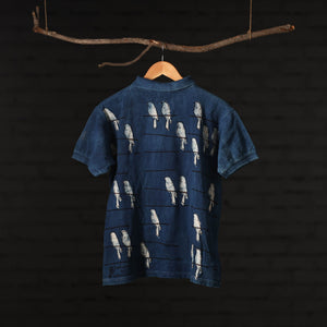 Blue - Bindaas Natural Dyed Art Block Print Polo Collar T-shirt in Cotton