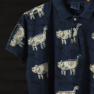 Blue - Bindaas Natural Dyed Art Block Print Polo Collar T-shirt in Pure Cotton