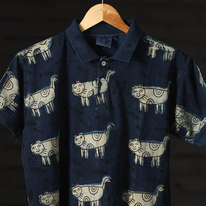Blue - Bindaas Natural Dyed Art Block Print Polo Collar T-shirt in Pure Cotton