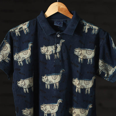 Blue - Bindaas Natural Dyed Art Block Print Polo Collar T-shirt in Pure Cotton
