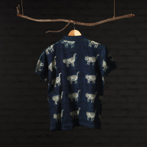 Blue - Bindaas Natural Dyed Art Block Print Polo Collar T-shirt in Pure Cotton