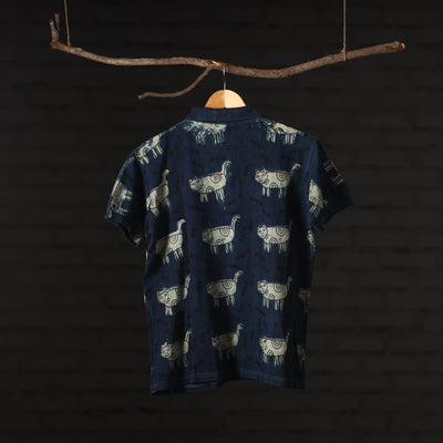 Blue - Bindaas Natural Dyed Art Block Print Polo Collar T-shirt in Pure Cotton