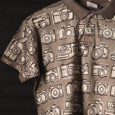 Brown - Bindaas Natural Dyed Art Block Print Polo Collar T-shirt in Cotton