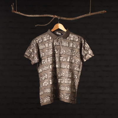Brown - Bindaas Natural Dyed Art Block Print Polo Collar T-shirt in Cotton