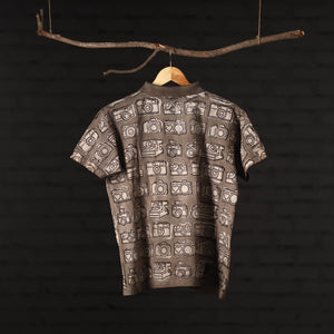 Brown - Bindaas Natural Dyed Art Block Print Polo Collar T-shirt in Cotton