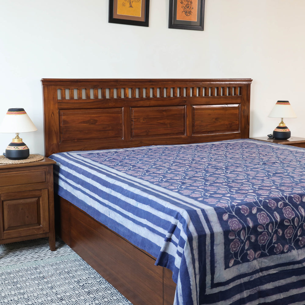 Blue - Block Art Print Cotton Double Bindaas Bed Sheet (110 x 93 in)