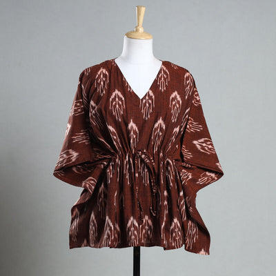 Brown - Ikat Weave Cotton Kaftan with Tie-Up Waist (Short)