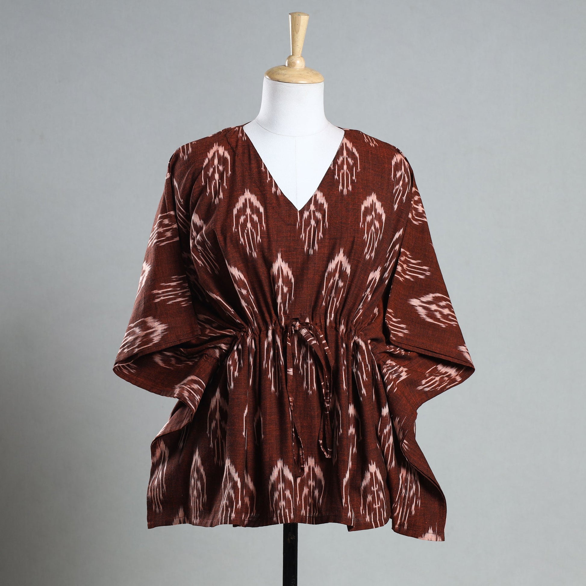 Brown - Ikat Weave Cotton Kaftan with Tie-Up Waist (Short)