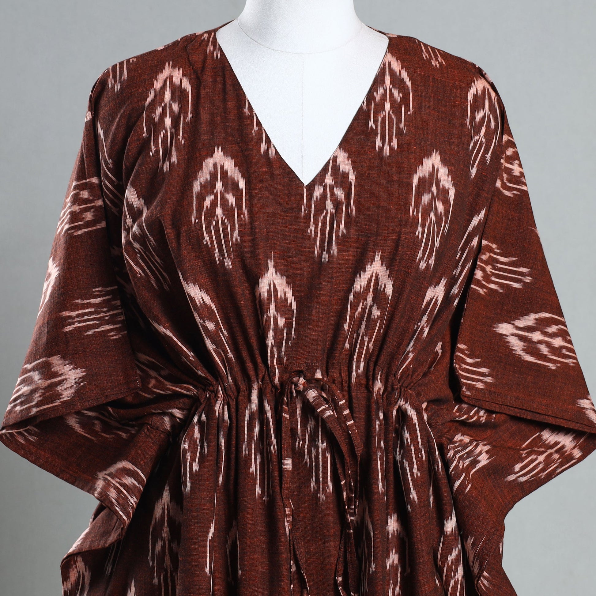 Brown - Ikat Weave Cotton Kaftan with Tie-Up Waist (Short)